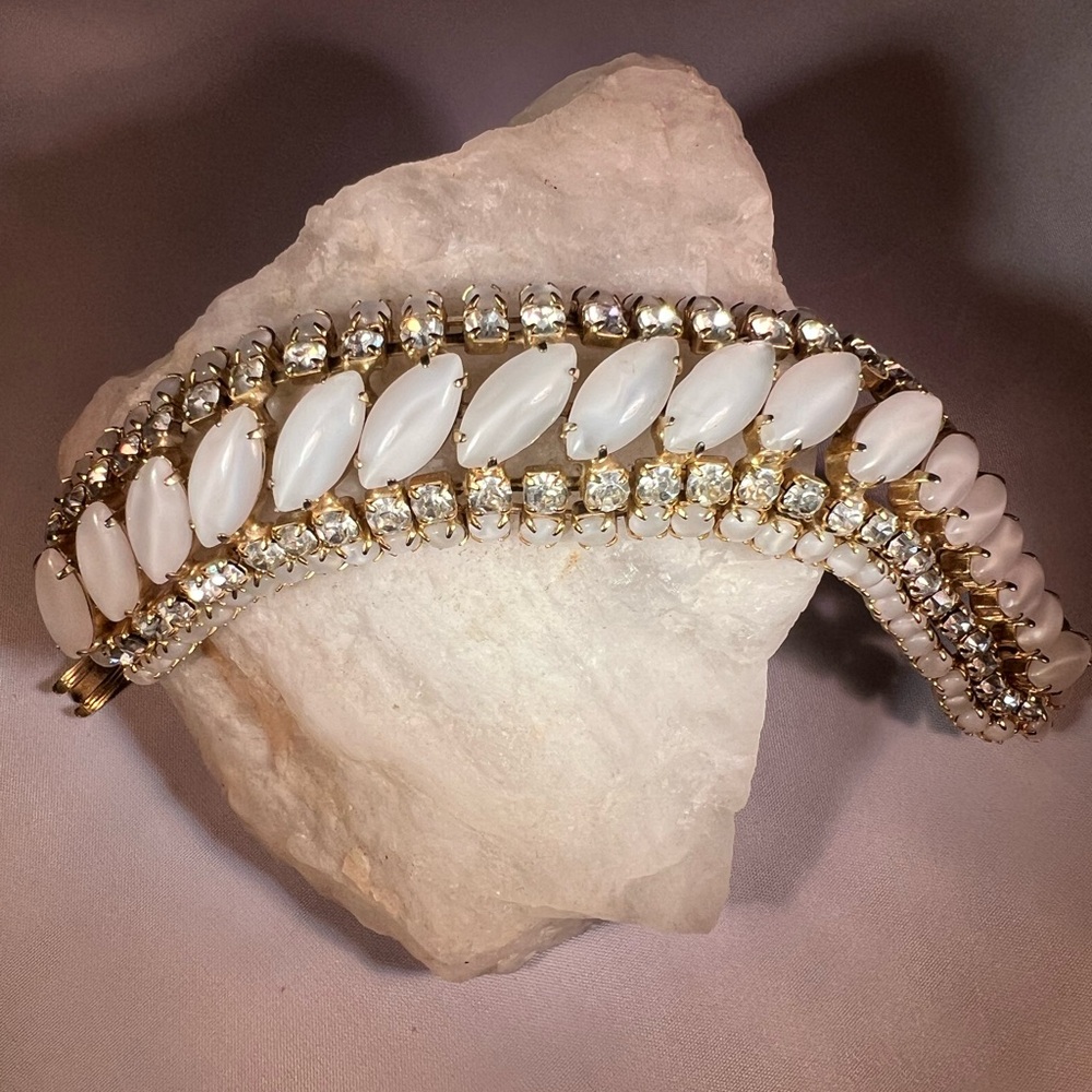 Vintage Moonstone Moon Glow Rhinestone Bracelet Gold Tone Wide Dome Prong Set